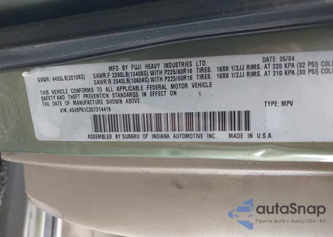 2005 Subaru Outback 2.5I z USA, uszkodzony, nr VIN 4S4BP61C257314419